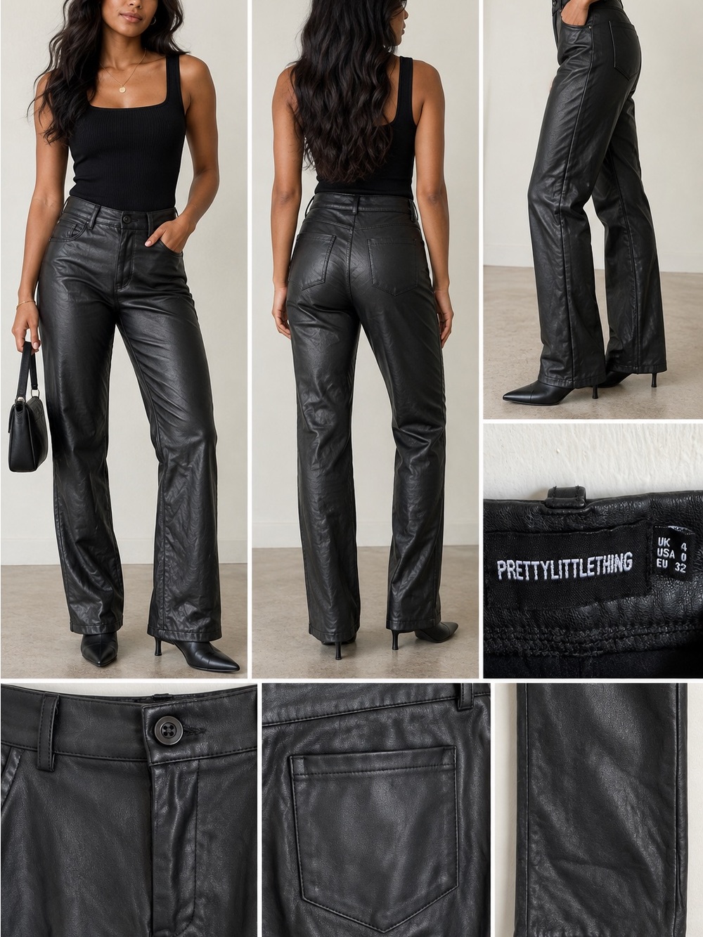 PrettyLittleThing Black Faux Leather Pants Sz 4 | Straight Leg Vegan Leather